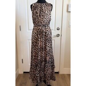 Calvin Klein Leopard Print Sleeveless Maxi Dress Belted Layered Size 6 Brown